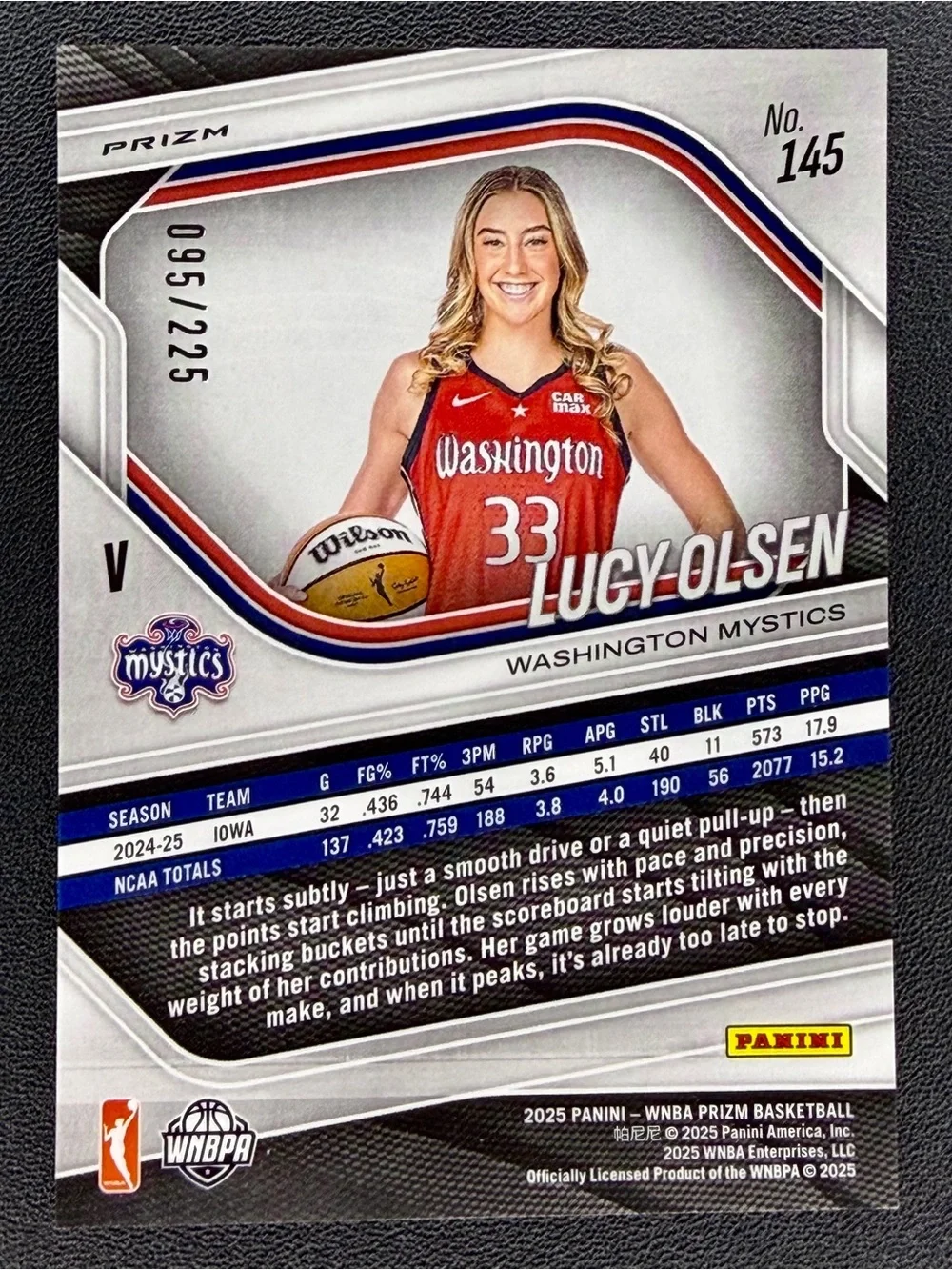 2025 Panini Prizm WNBA Lucy Olsen Lime Green /225 Rookie Variation #145 RC Holo